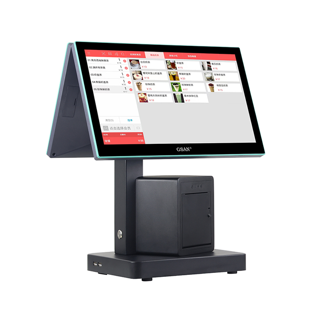 GS-H2 Metal Housing Dual Screen Capacition Touch POS Sistema, tudo em um com impressora embutida e scanner de código de barras