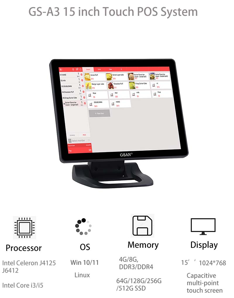 Parâmetro de hardware do sistema pos de toque do computador caixa de 15 '' para a Arábia Saudita