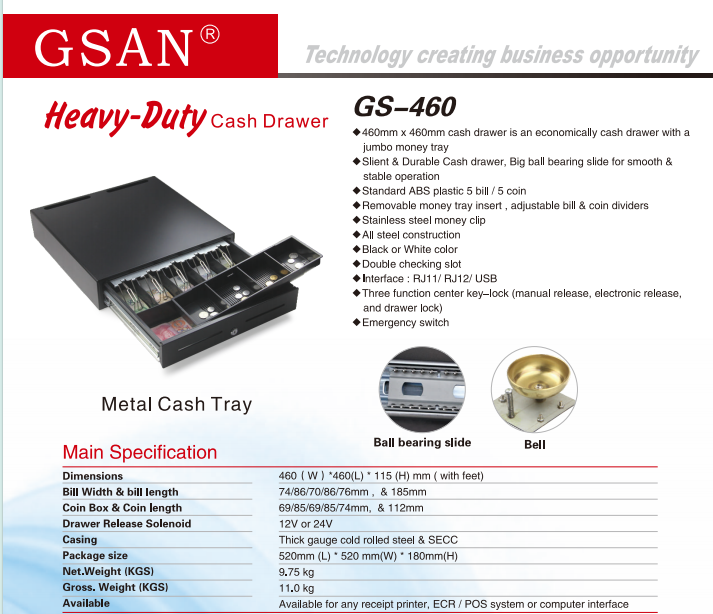Especifica&ccedil;&otilde;es da gaveta de dinheiro GS-460